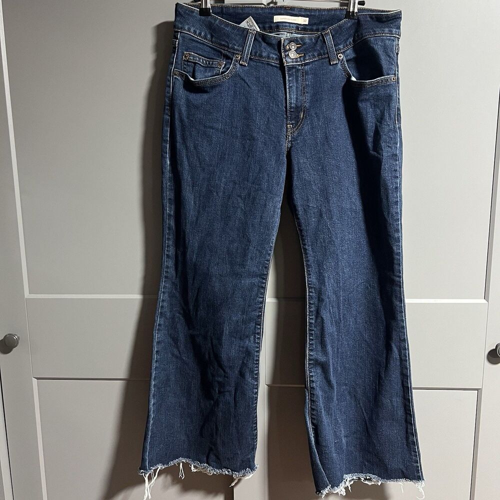 Levi's Women Double Button Superlow Flare Raw Hem Denim Jeans Blue 32 27” Inseam